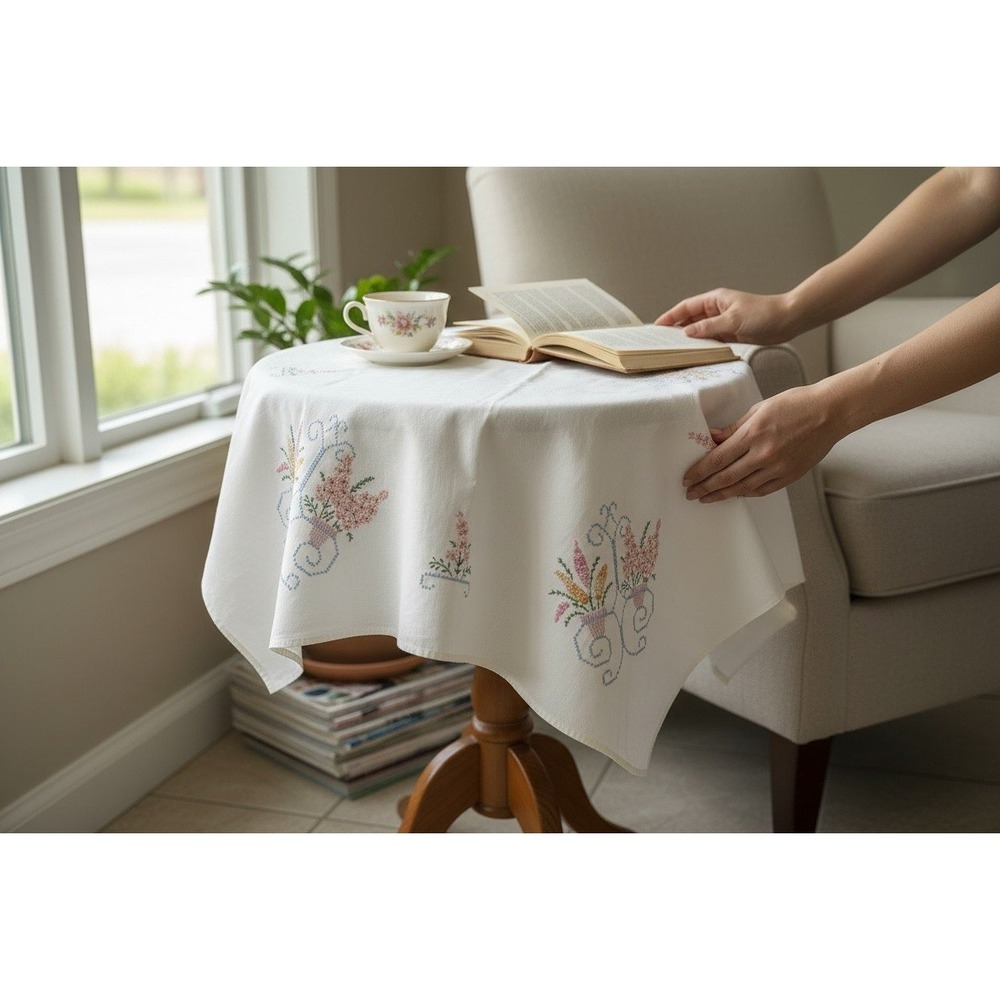 Vintage Hand Embroidered Floral Cross Stitch White Tablecloth Pastels 29"x 32"
